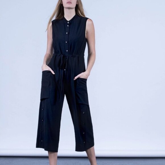 Malia Mills Black Cotton Wide Leg Button Up Drawstring Waist Jumpsuit Size 8 - Picture 13 of 14